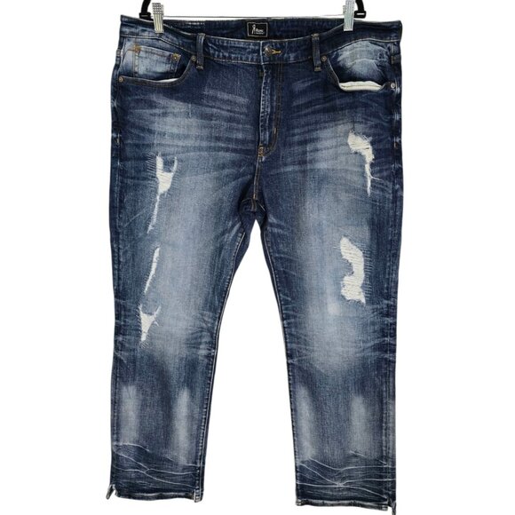 Rock Revival Remix Mens Blue Distressed Denim Straight Jeans Side Slit Hem Sz 40 - Picture 2 of 11